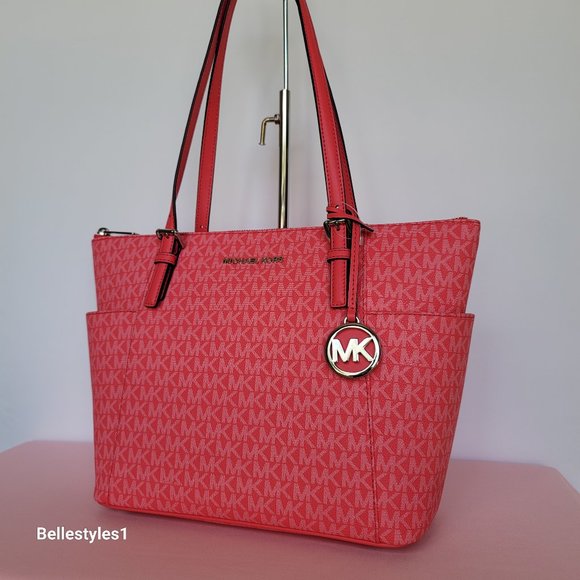 MICHAEL KORS Jet Set East West Top-Zip Signature Logo Tote Bag- Geranium color⭐ - Picture 4 of 16